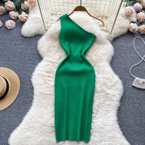 Summer Women Dress Sexy One Shoulder Knitted Bodycon Dress